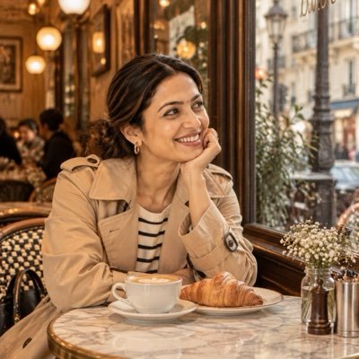 ChatGPT result: a woman in a beige trench coat at a marble cafe table with a cappuccino and croissant