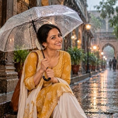 ChatGPT result: a woman in a mustard kurta under a clear umbrella on a rain-washed stone street