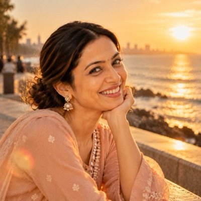 ChatGPT result: a golden-hour close-up of a woman in a peach kurta on a seaside promenade
