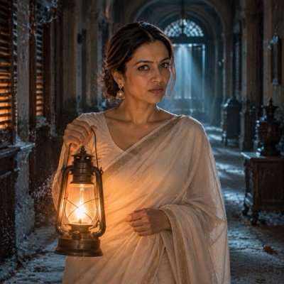 ChatGPT result: a woman in an ivory saree holding a brass lantern in a dark haveli corridor
