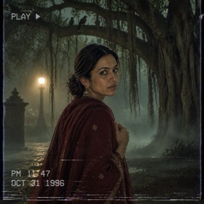 ChatGPT result: a woman in a maroon shawl under a foggy banyan tree at night in a VHS horror still