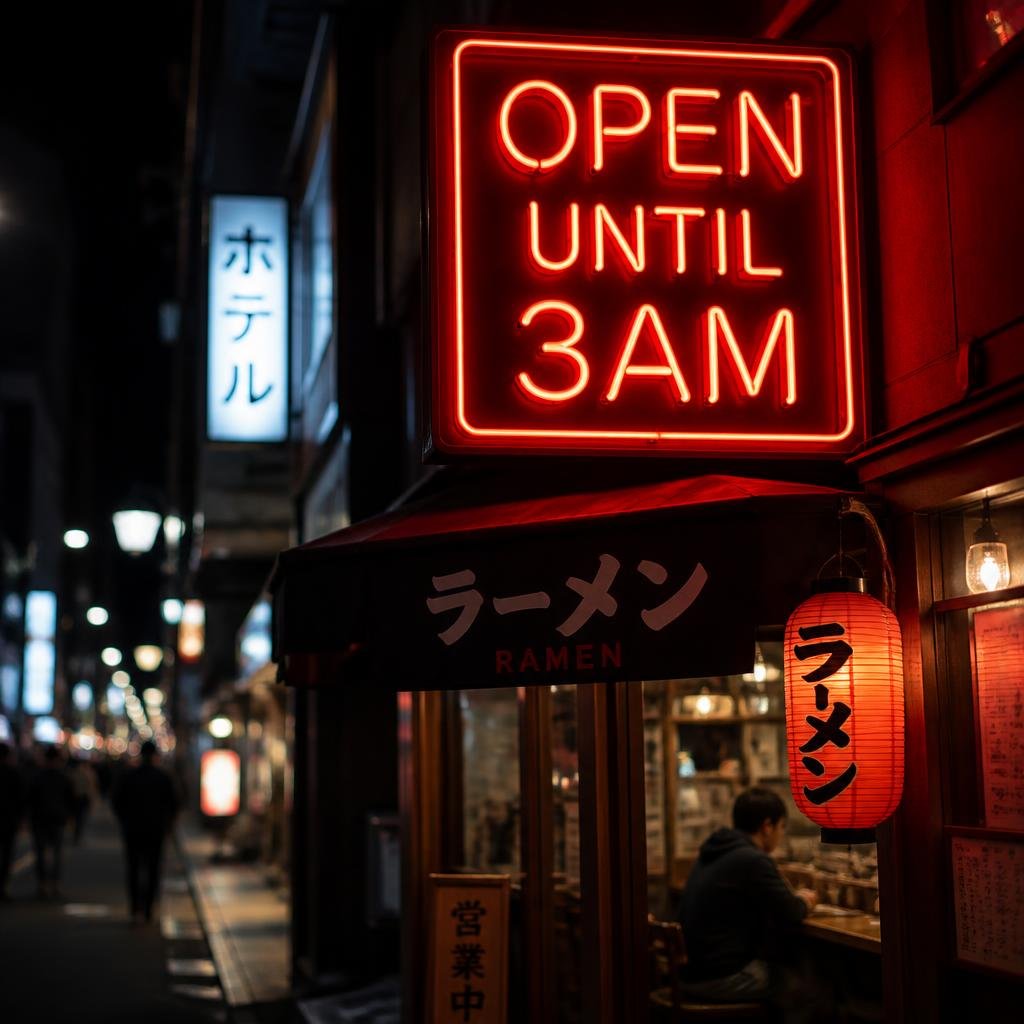 GPT Image 2 output: a neon sign reading OPEN UNTIL 3AM above a ramen shop at night