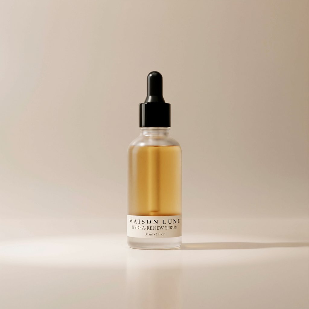 Ideogram output: a skincare serum bottle with a dropper on a beige background