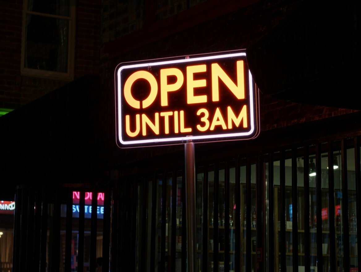 Kling AI rendering of the neon OPEN UNTIL 3AM sign prompt