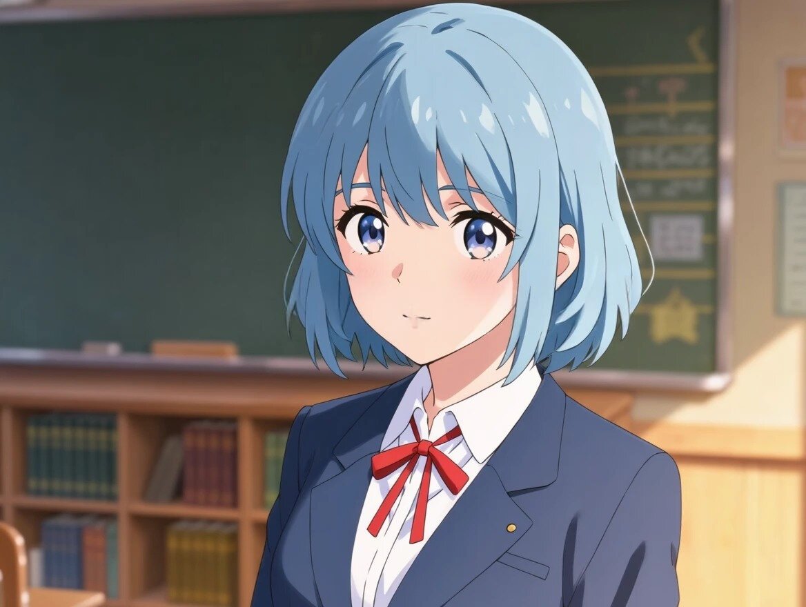 Kling AI output: an anime-style portrait of a girl with short blue hair