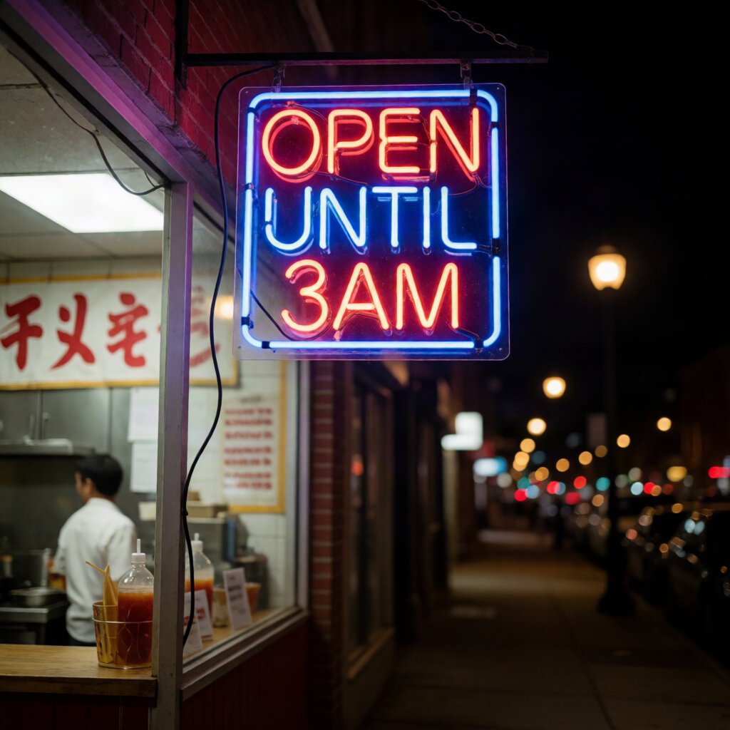Krea rendering of the neon OPEN UNTIL 3AM sign prompt