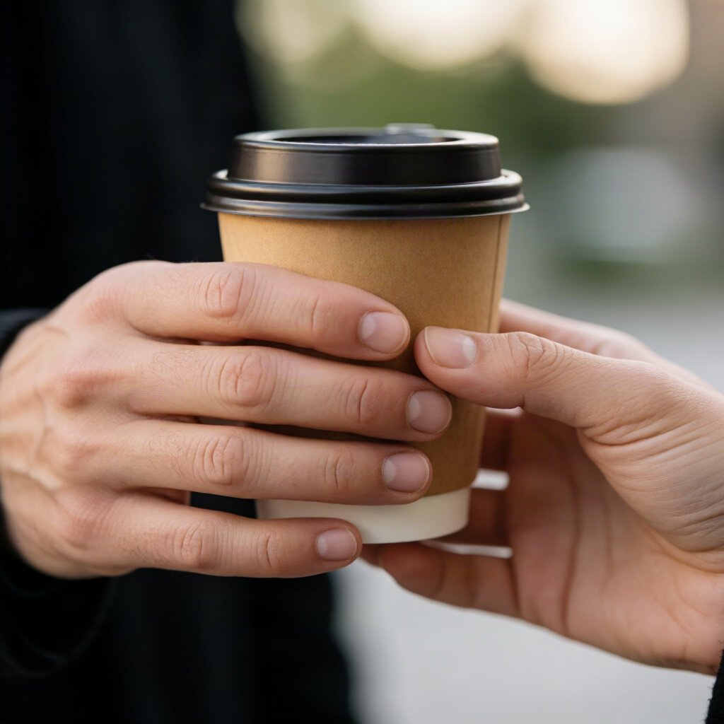 Krea output: two hands exchanging a coffee cup, all fingers visible
