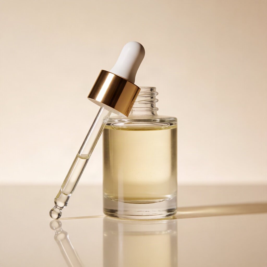 Krea output: a skincare serum bottle with a dropper on a beige background