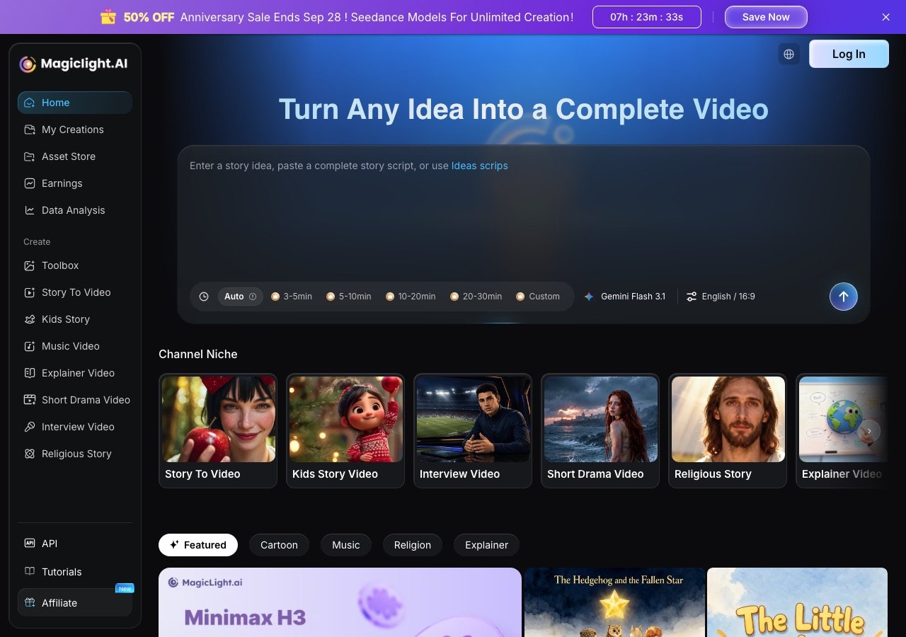 MagicLight AI's editor at magiclight.ai/videos on September 27, 2026, opened without an account: a story box, length buttons from 3-5 min to 20-30 min and Custom, a Gemini Flash 3.1 model picker, a Log In button, and a 50% off anniversary sale banner with a countdown