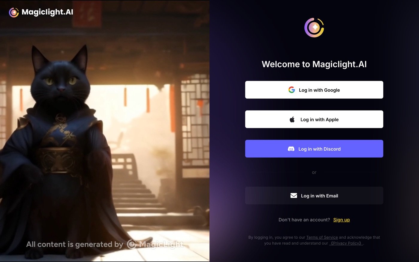 MagicLight AI's login page on September 27, 2026, reached the moment we clicked into the story box without an account: Welcome to Magiclight.AI with buttons to log in with Google, Apple, Discord or Email