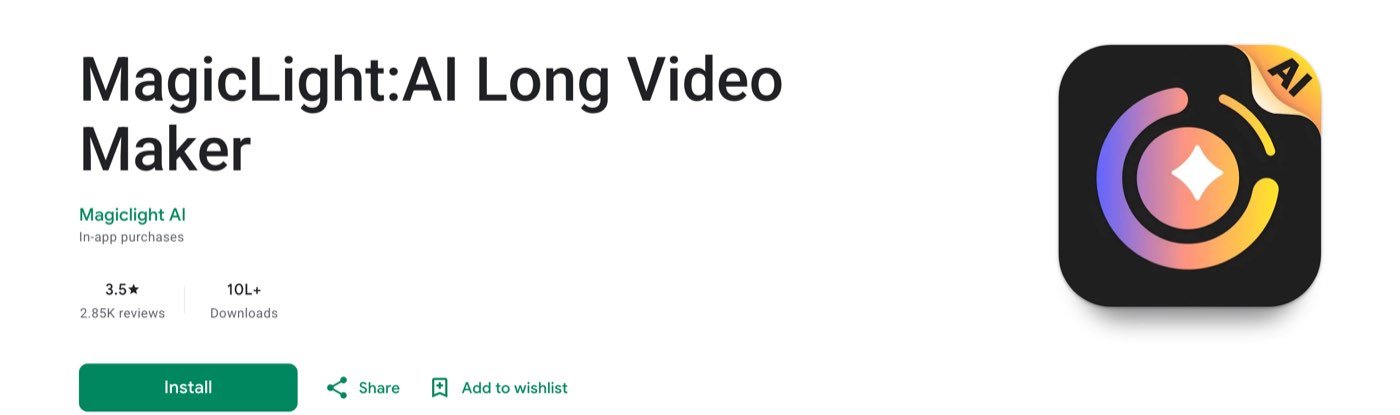 The Google Play listing for MagicLight:AI Long Video Maker by Magiclight AI on September 27, 2026, showing in-app purchases, a 3.5-star rating from 2.85K reviews and 10L+ downloads