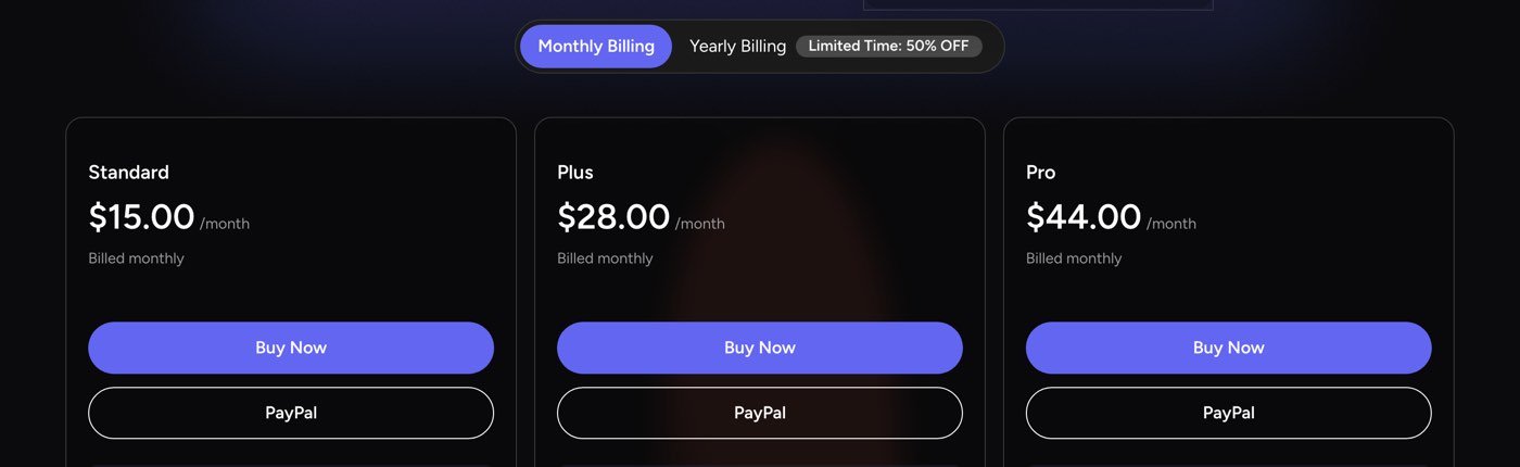 MagicLight AI's pricing page on September 27, 2026 with Monthly Billing selected: Standard $15.00 a month, Plus $28.00 a month and Pro $44.00 a month, each billed monthly with Buy Now and PayPal buttons