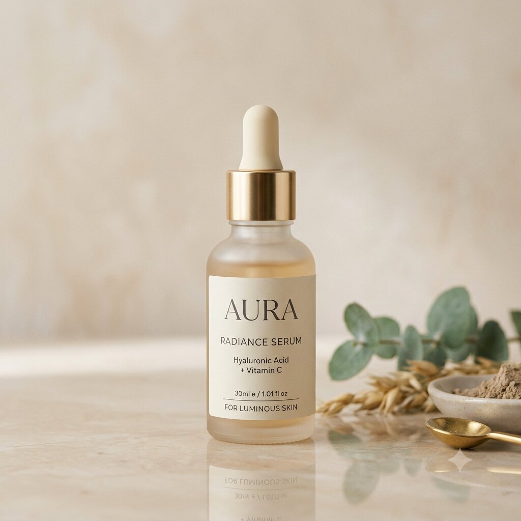 Nano Banana 2 output: a skincare serum bottle with a dropper on a beige background