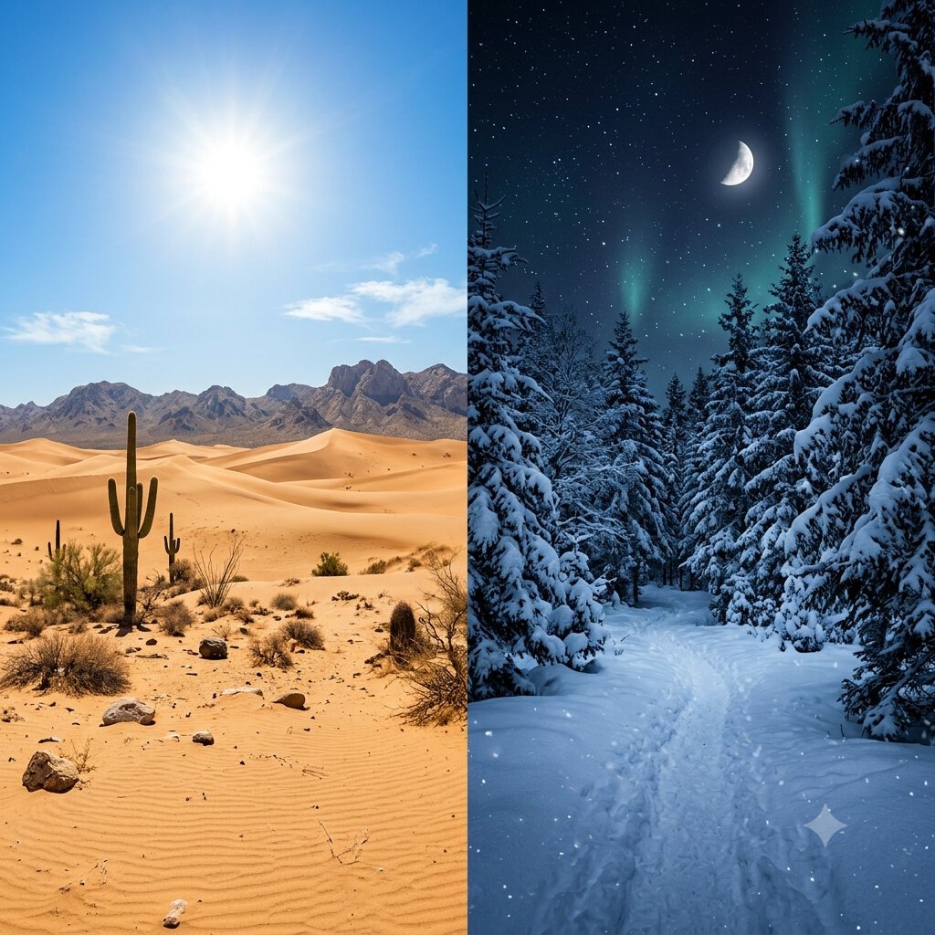Nano Banana 2 split-scene desert and snowy forest with a clean divider