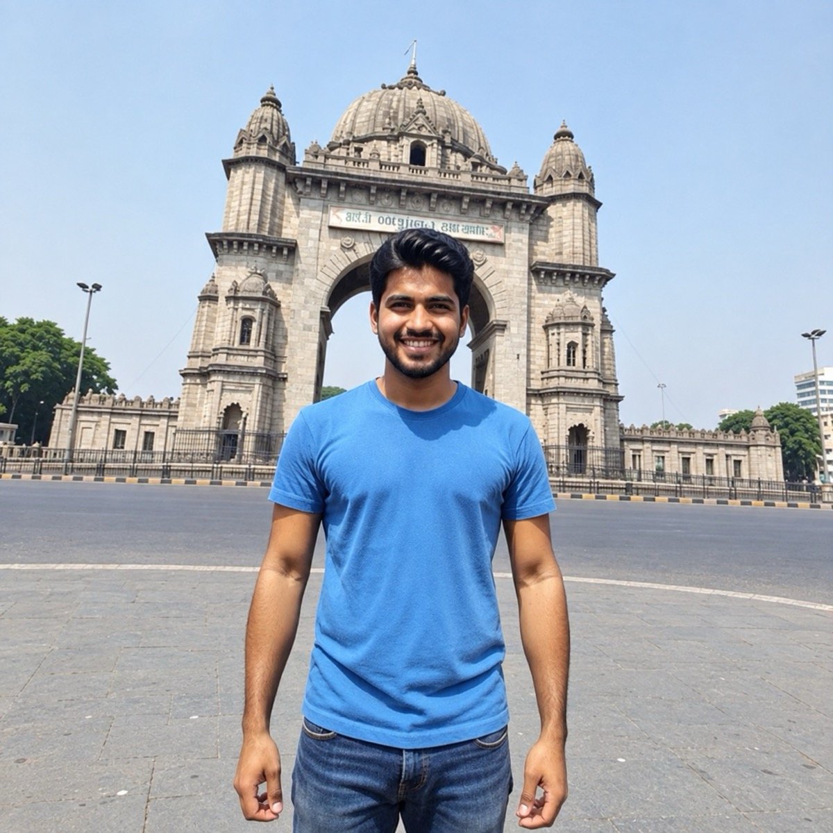 ChatGPT result for prompt 1: a man in a blue T-shirt alone in front of a stone gateway monument with the background people removed