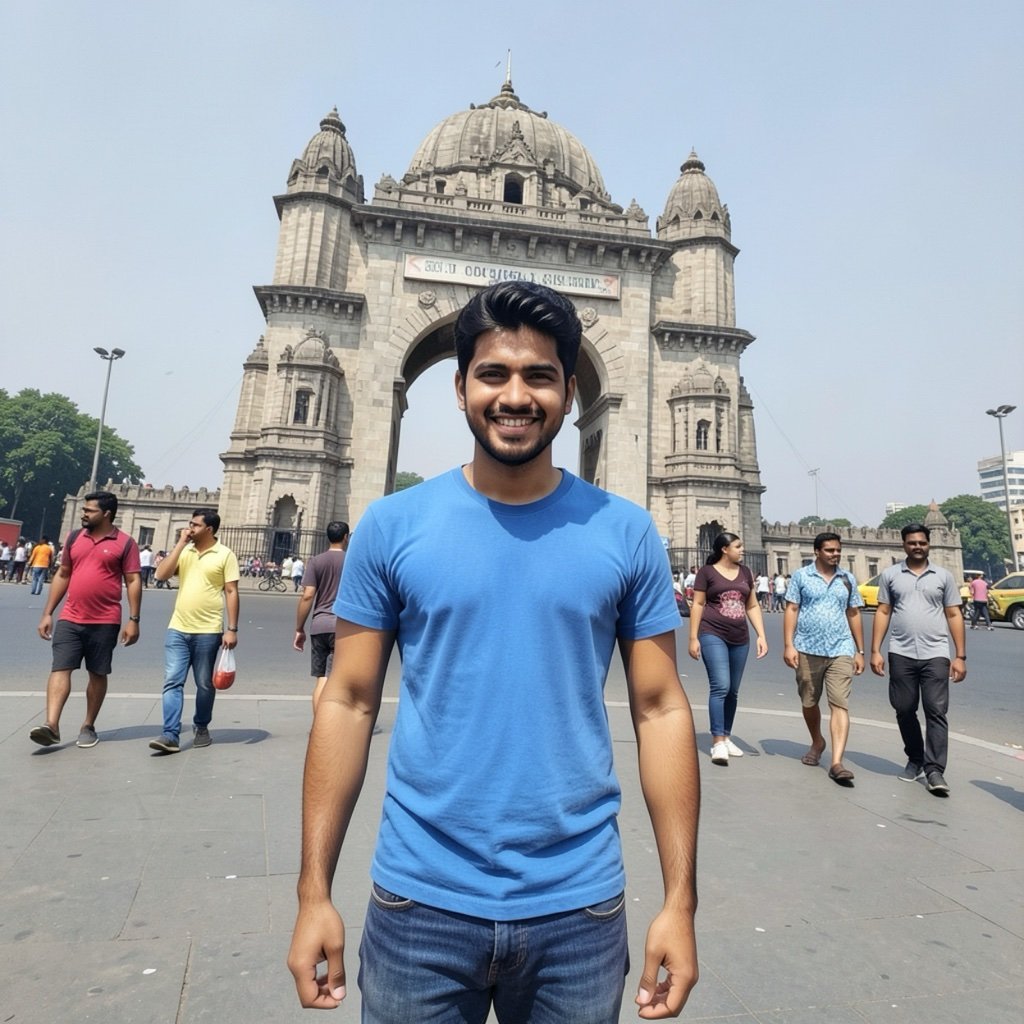 The input photo: an AI-generated tourist snapshot of a man in a blue T-shirt in front of a stone gateway monument with six strangers walking behind him