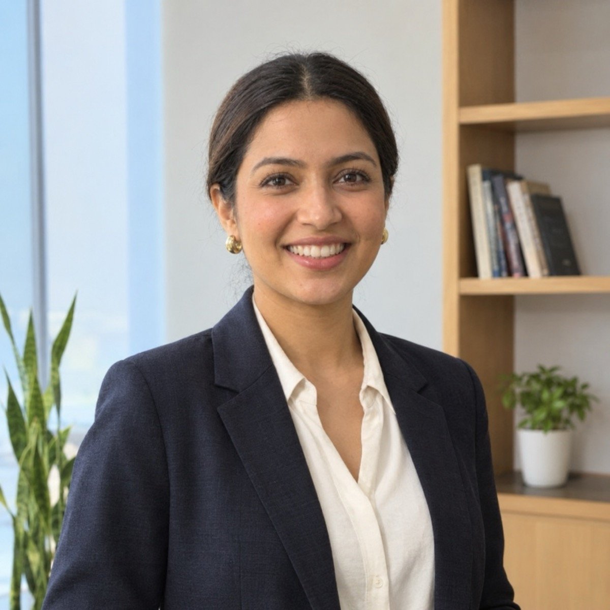 ChatGPT result for prompt 2: the same portrait of a woman in a navy blazer made bright, sharp and evenly lit