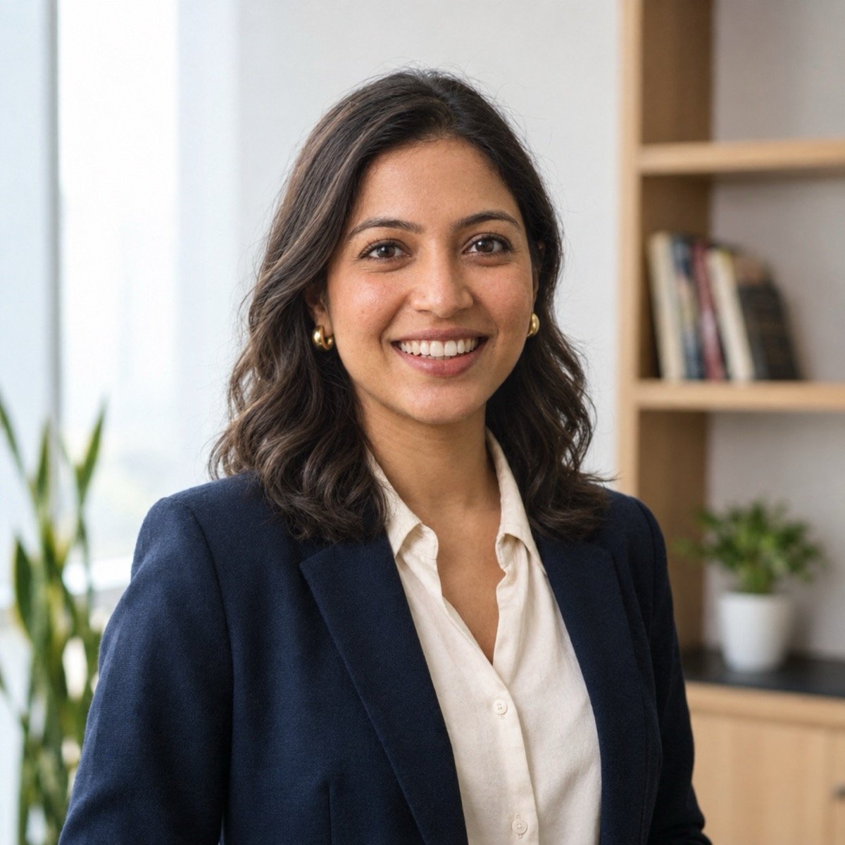 ChatGPT result for prompt 3: a woman in a navy blazer in the same office, now with loose shoulder-length wavy hair