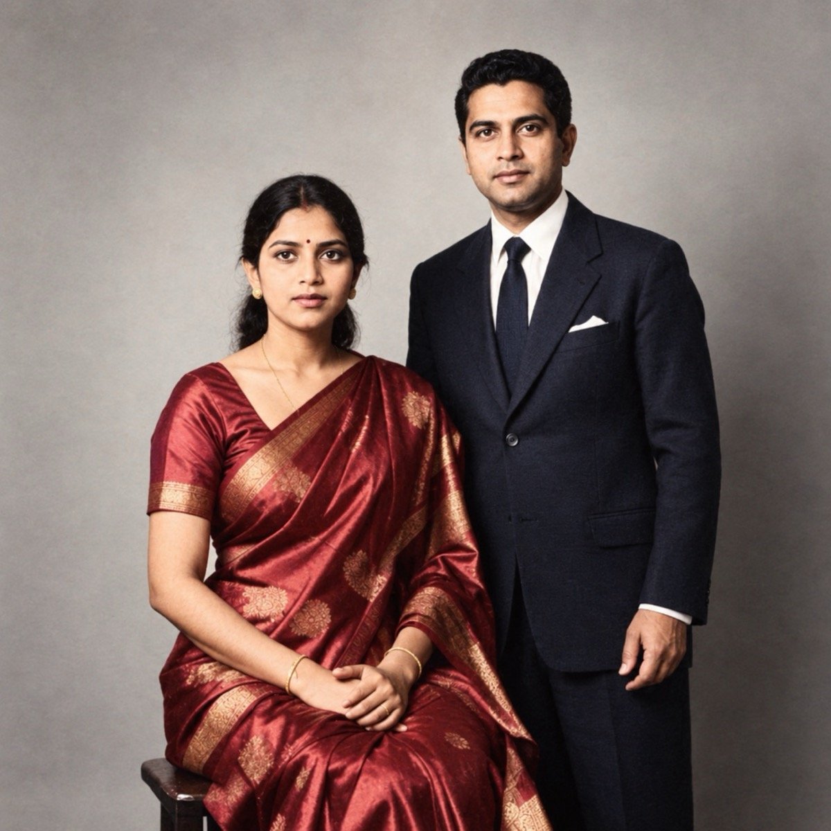 ChatGPT result for prompt 4: a restored and colourised 1950s studio portrait of a couple, the scratches and stains gone