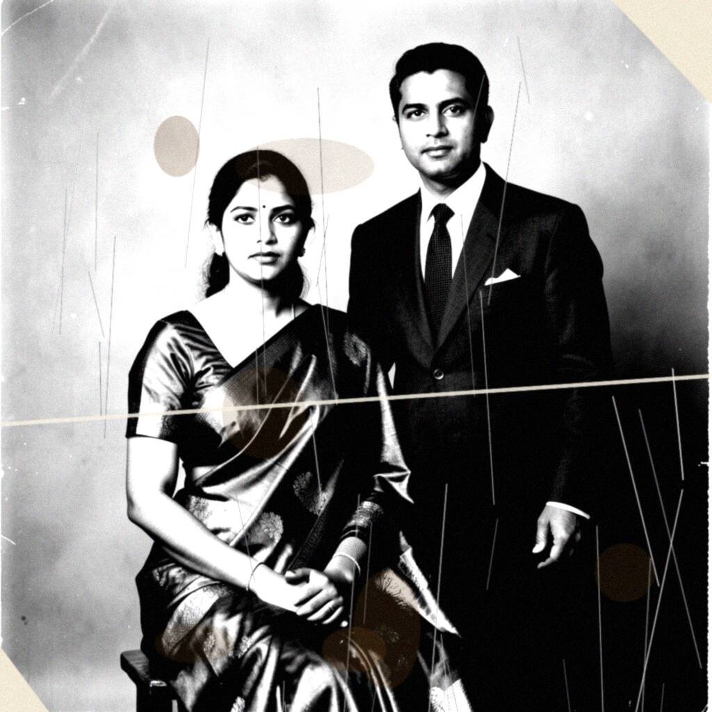 The input photo: an AI-generated 1950s studio portrait of a couple, which we aged with scratches, stains, a crease and torn corners