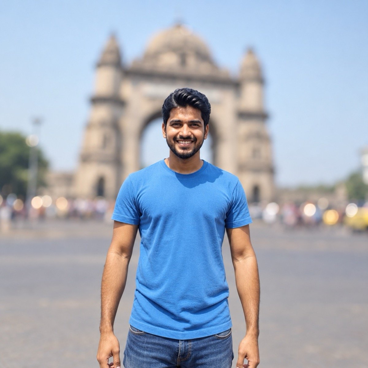 ChatGPT result for prompt 5: a man in a blue T-shirt sharp in the foreground with the monument and the crowd blurred into soft bokeh