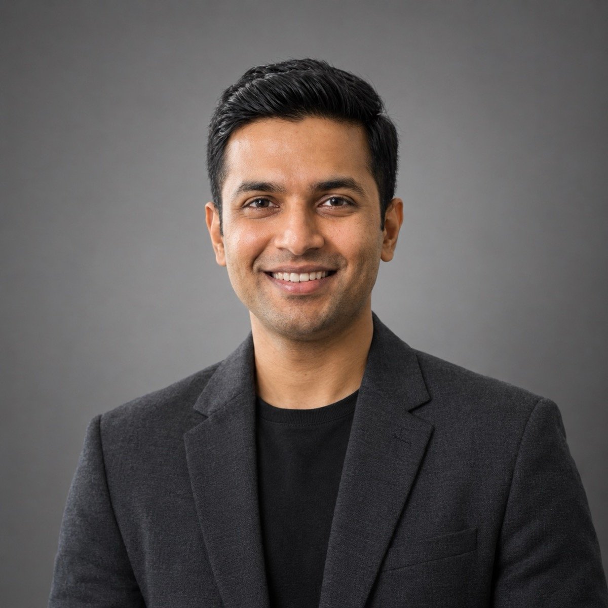 ChatGPT result for prompt 6: a man in a charcoal blazer and black crew-neck in a studio headshot against a plain grey backdrop