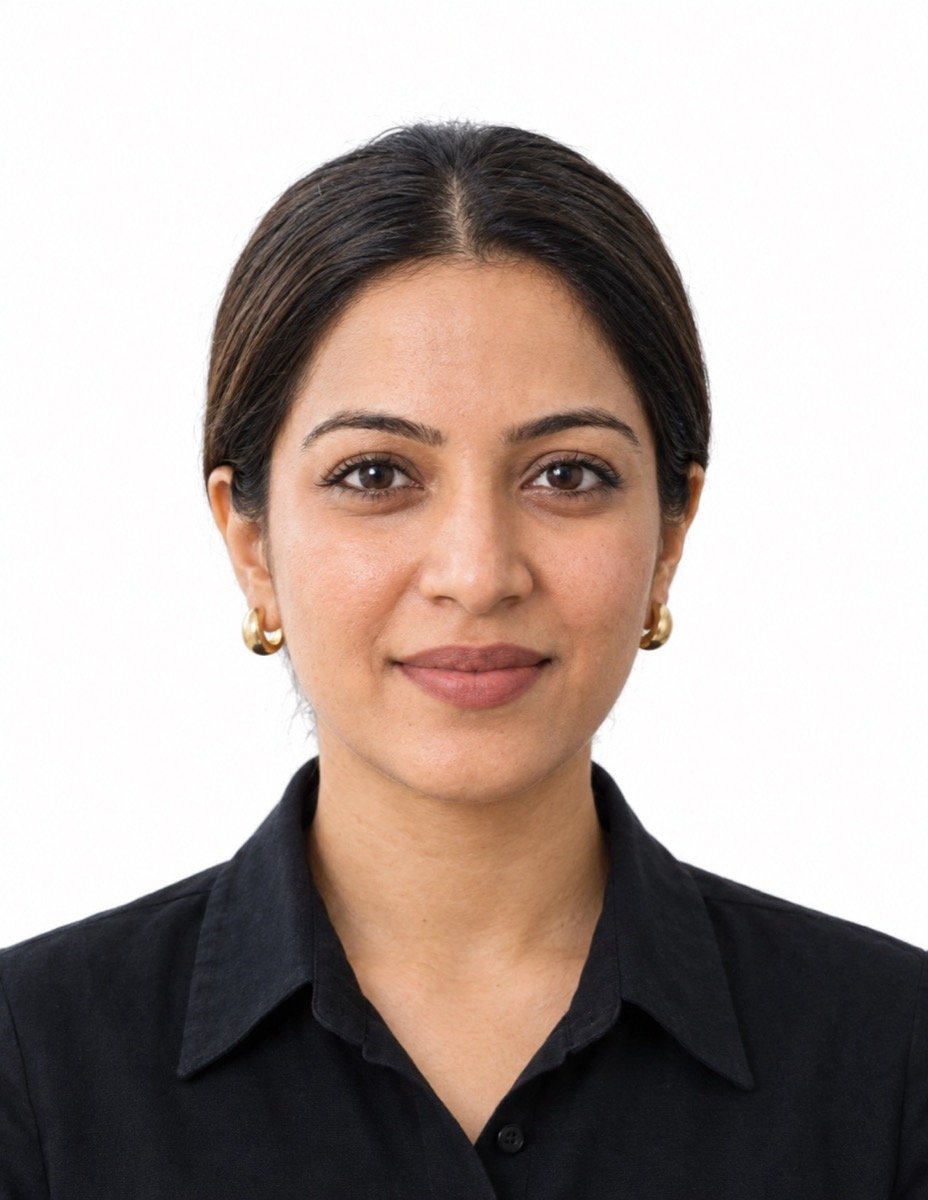 ChatGPT result for prompt 7: a passport-style photo of a woman in a dark collared shirt against a plain white background