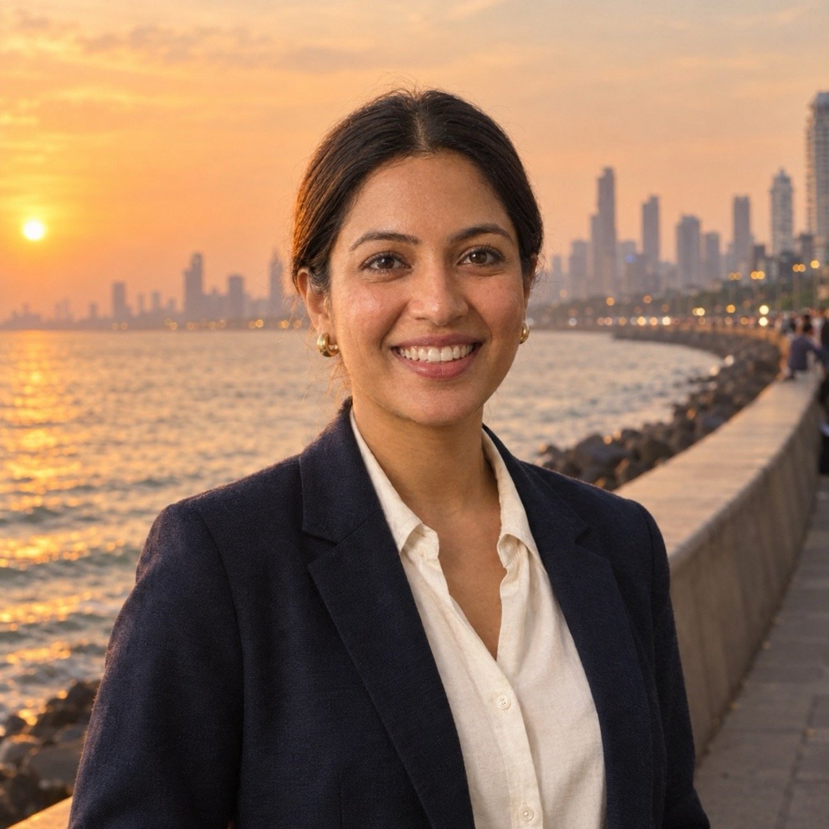 ChatGPT result for prompt 8: a woman in a navy blazer on the Marine Drive promenade in Mumbai at sunset