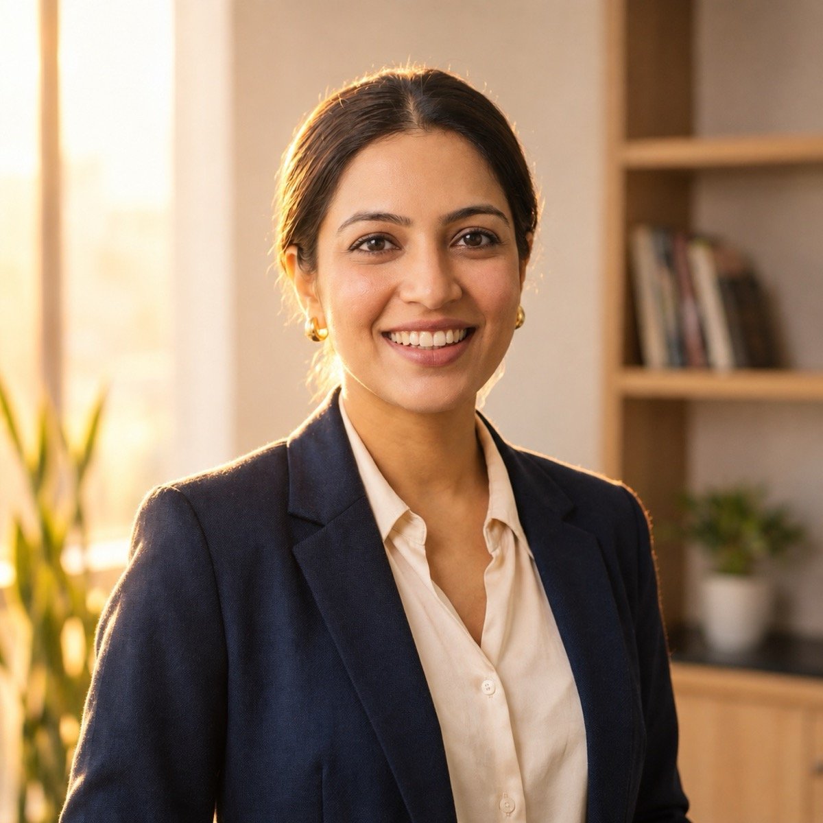 ChatGPT result for prompt 9: a woman in a navy blazer in the same office, relit with warm golden-hour sunlight and a rim of light on her hair