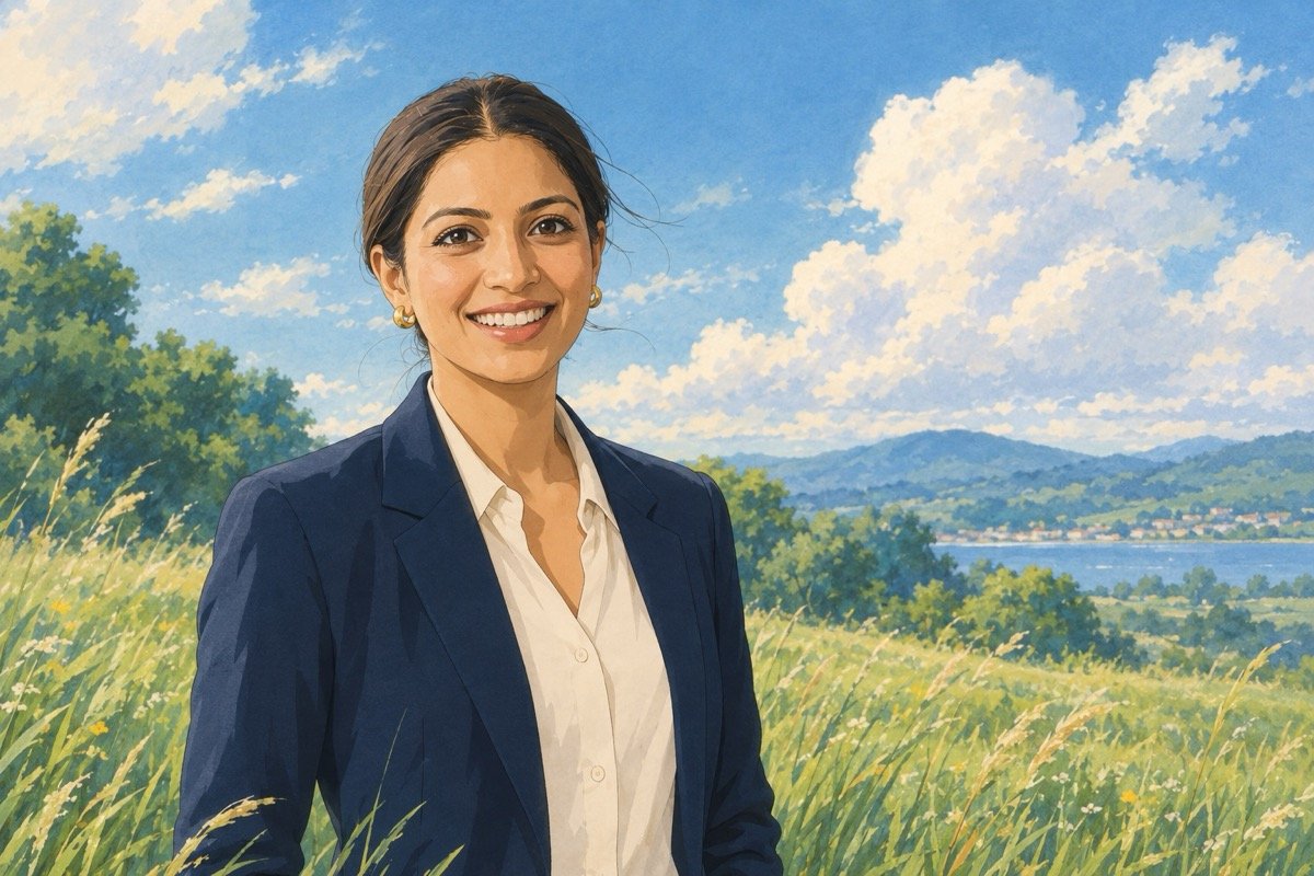ChatGPT result for prompt 12: a hand-painted anime-style illustration of a woman in a blazer standing in a sunlit meadow