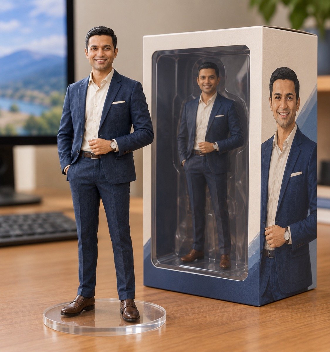ChatGPT result for prompt 13: a collectible figurine of a man in a navy blazer on an acrylic base on a desk beside its retail box
