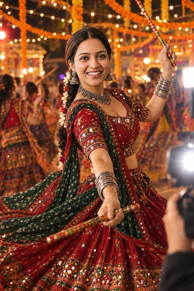 ChatGPT result for prompt 16: a woman in a red and green mirror-work chaniya choli mid-twirl with dandiya sticks at a garba night