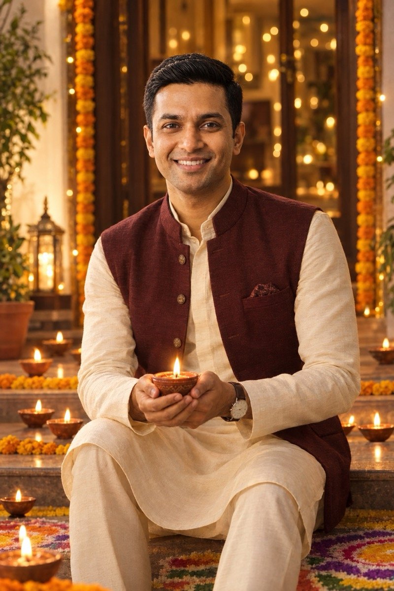 ChatGPT result for prompt 17: a man in a cream kurta and maroon Nehru jacket holding a lit diya on the steps of a house decorated for Diwali
