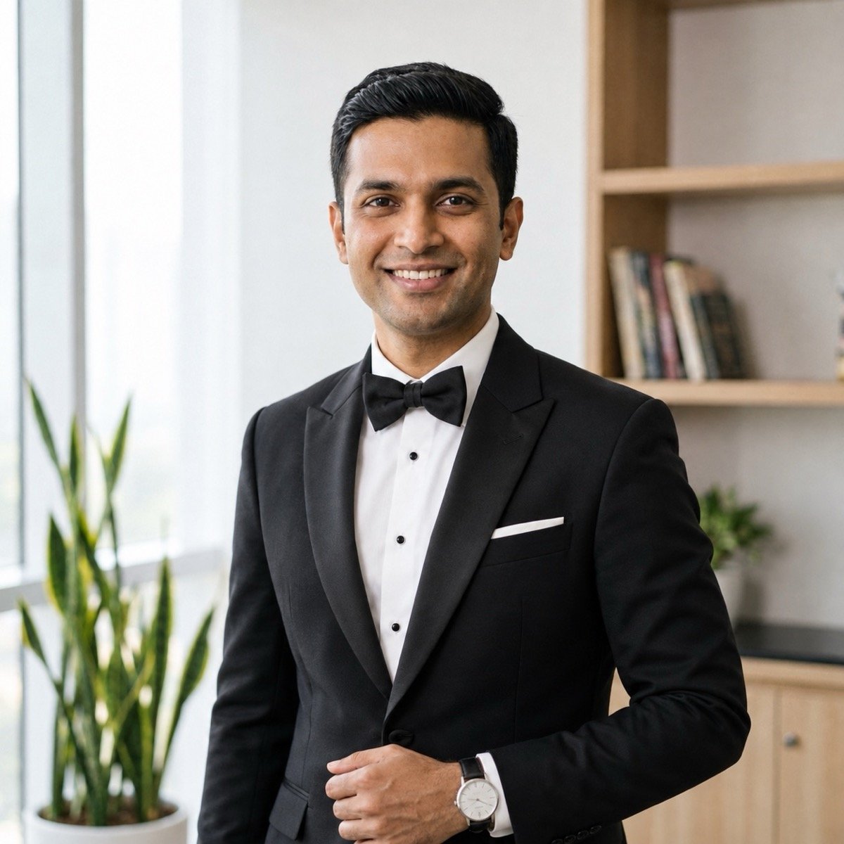ChatGPT result for prompt 18: a man in the same office pose, now wearing a black tuxedo with a bow tie