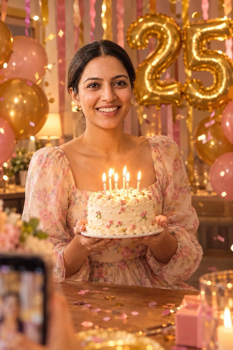 ChatGPT result for prompt 19: a woman in a pastel dress holding a cake with candles in front of balloons and a number 25 balloon
