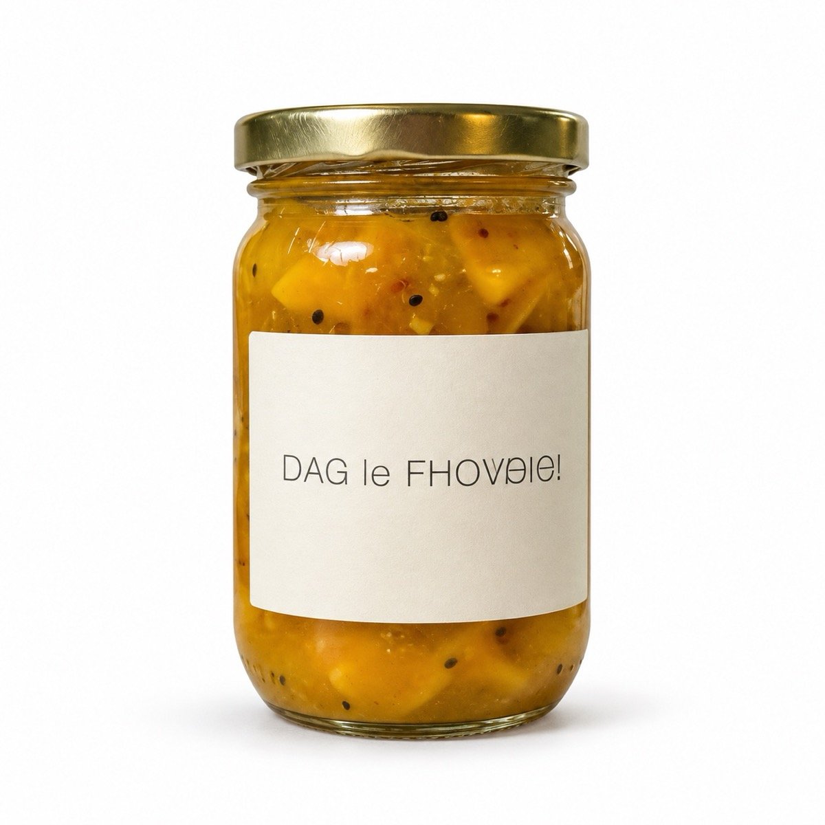 ChatGPT result for prompt 20: a glass jar of mango pickle centred on a pure white background with a soft shadow