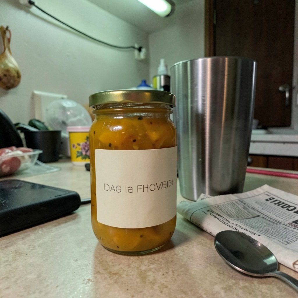 The input photo: an AI-generated phone snapshot of a jar of mango pickle on a cluttered kitchen counter under tube light