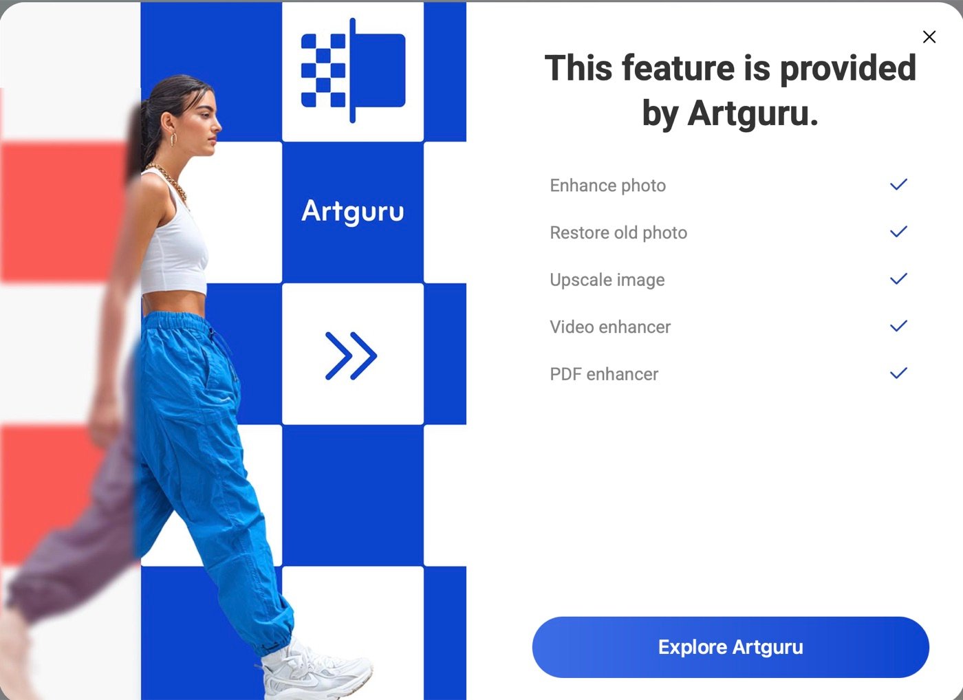 Pica AI dialog reading: This feature is provided by Artguru, listing Enhance photo, Restore old photo, Upscale image, Video enhancer and PDF enhancer