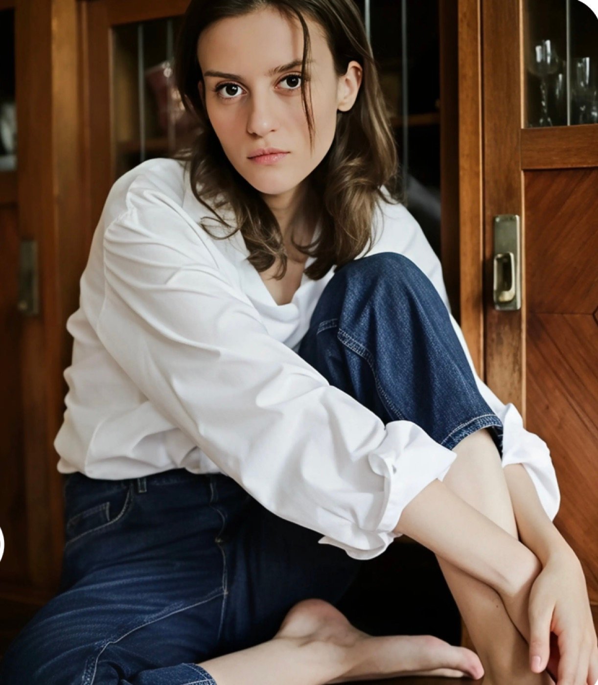 The same portrait after Pica AI enhancement, with sharper hair, denim weave and wood grain