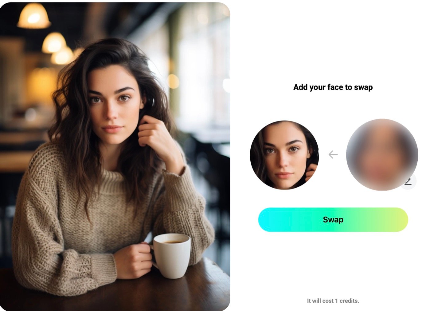 Pica AI face swap screen showing the target photo, the source face and the line: It will cost 1 credits