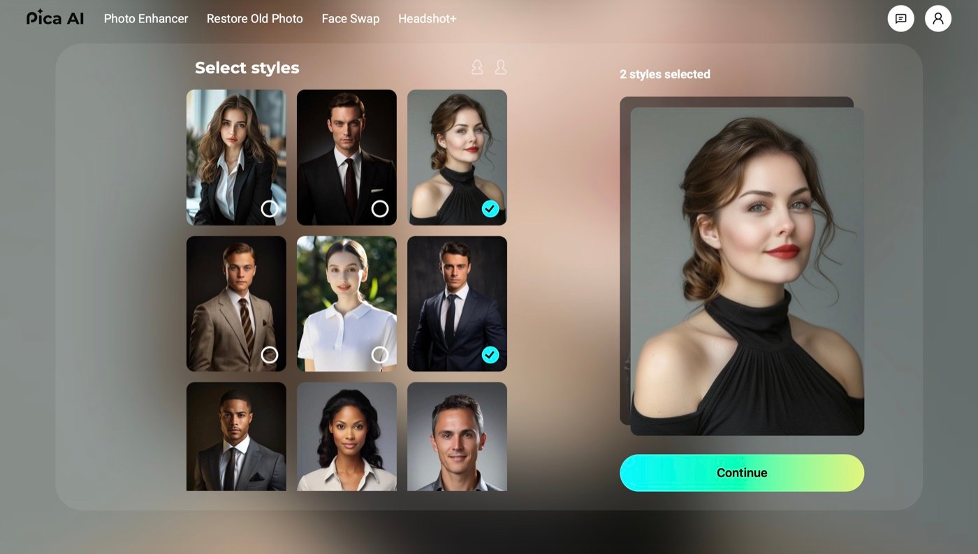 Pica AI Headshot+ style picker showing nine headshot styles with two selected