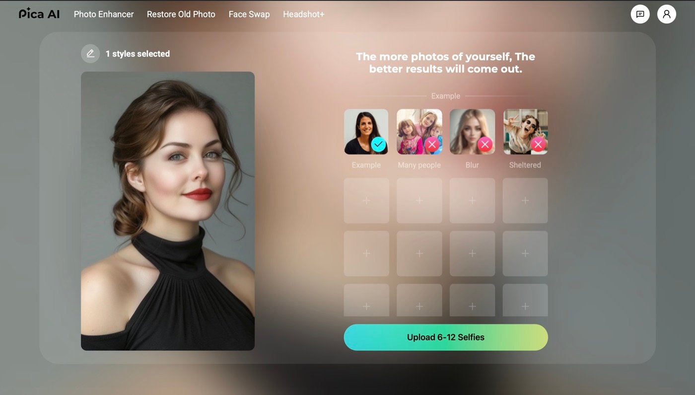 Pica AI Headshot+ upload screen requiring 6 to 12 selfies, with examples of rejected photos