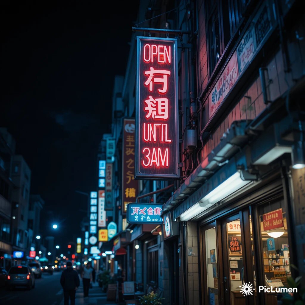 Piclumen rendering of the neon OPEN UNTIL 3AM sign prompt