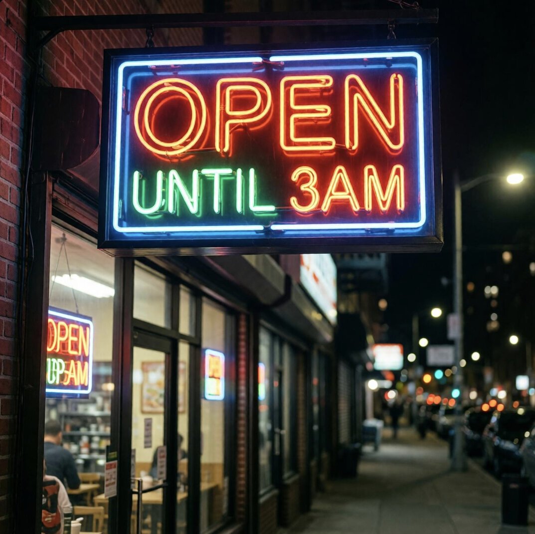 Pixverse rendering of the neon OPEN UNTIL 3AM sign prompt