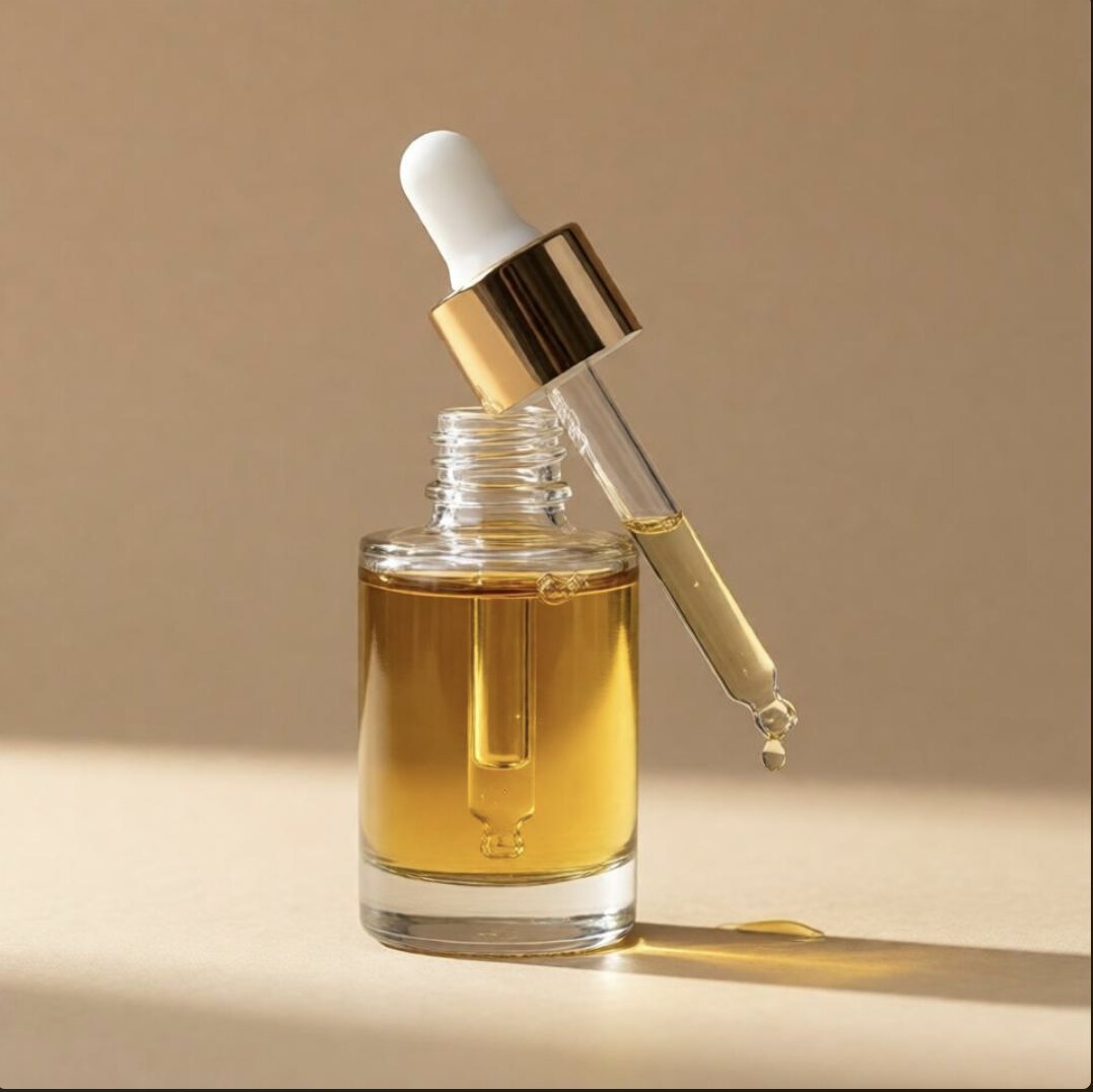Pixverse output: a skincare serum bottle with a dropper on a beige background