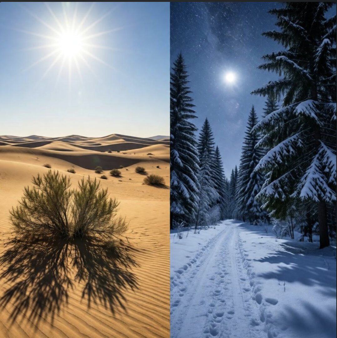Pixverse output: a split scene of desert at noon and snowy forest at night