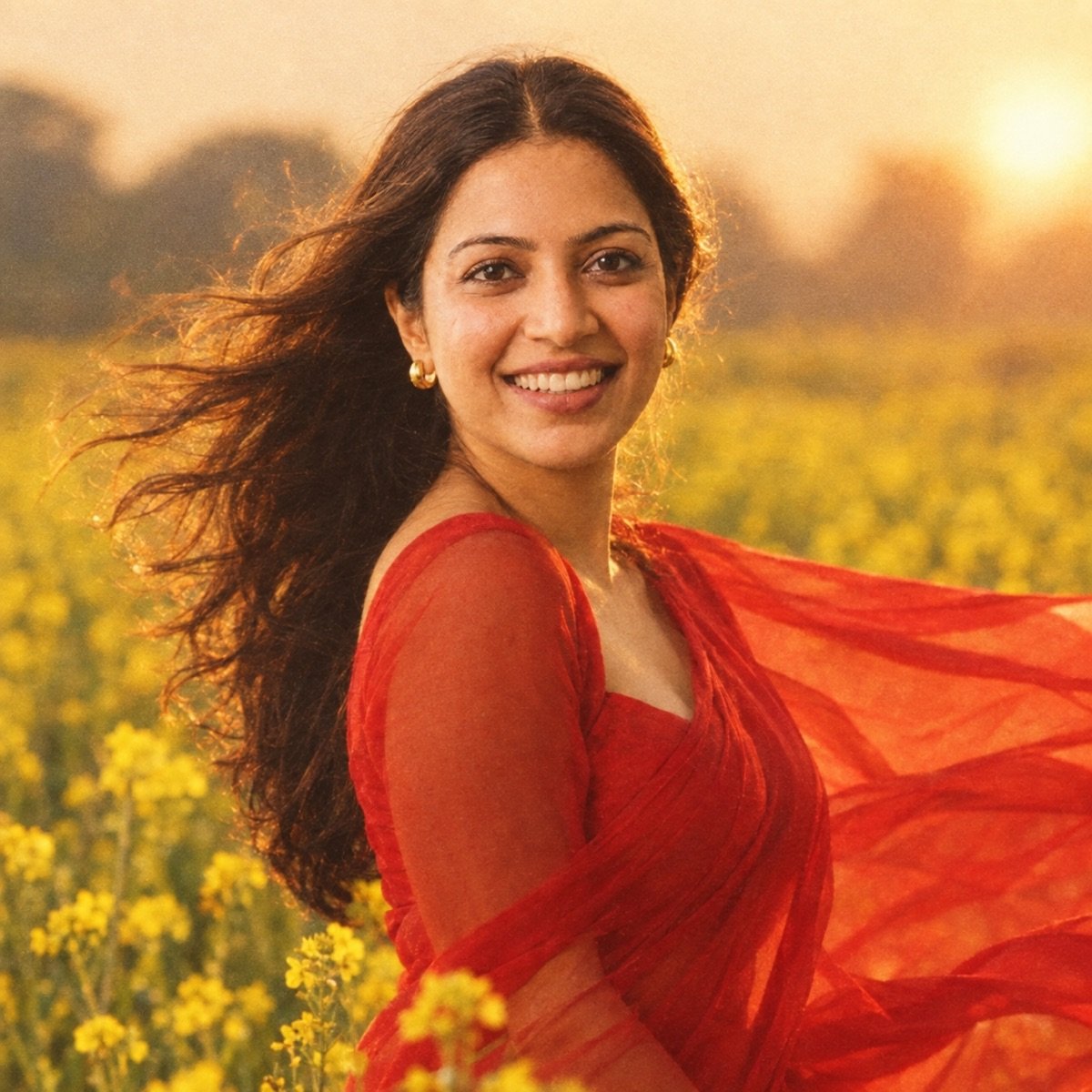 ChatGPT result for prompt 1: a woman in a red chiffon saree in a mustard field