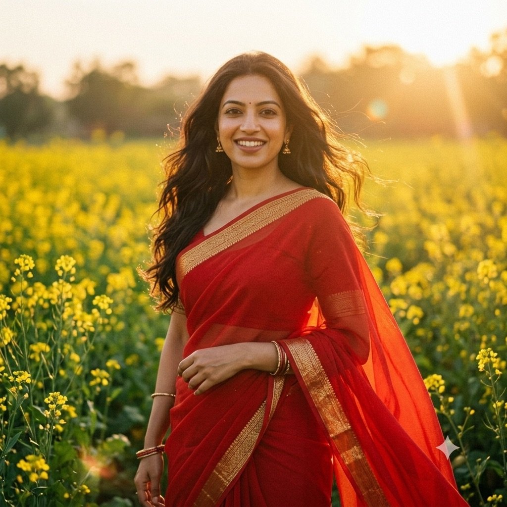 Gemini result for prompt 1: a woman in a red chiffon saree in a mustard field