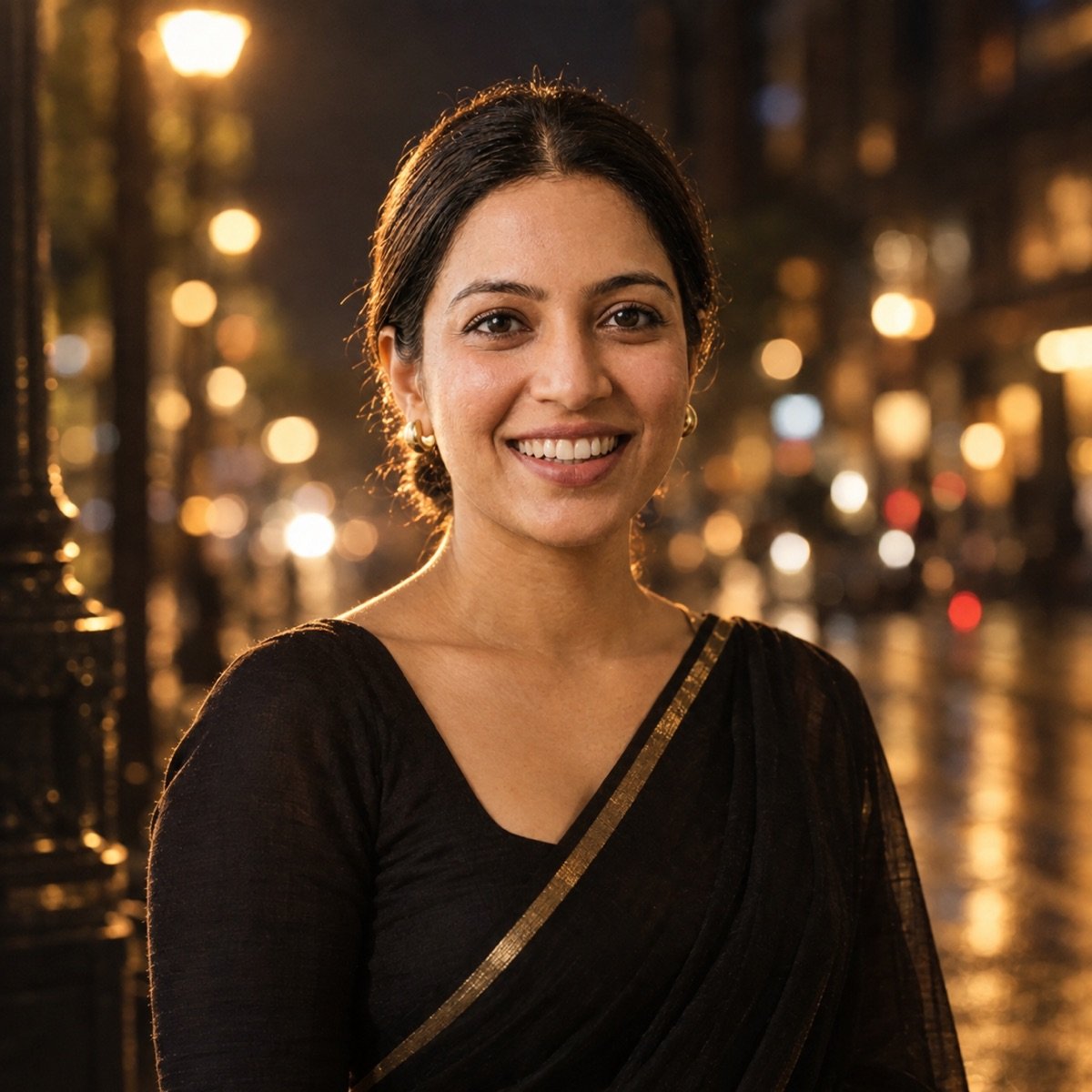 ChatGPT result for prompt 2: a woman in a black saree on a city street at night