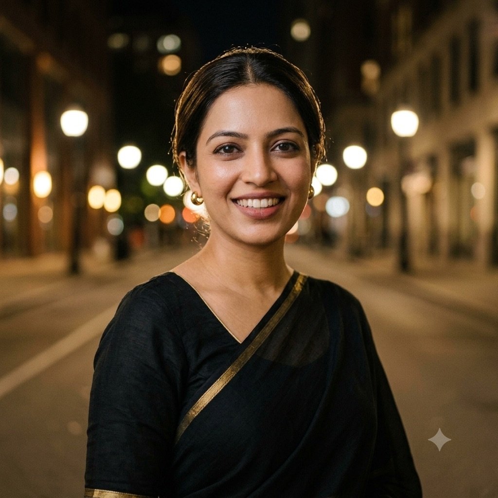 Gemini result for prompt 2: a woman in a black saree on a city street at night